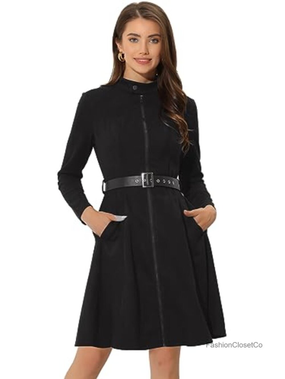 Faux Suede A-Line Zip Up Belted Dress Long Sleeve Knee Length Office Casual
